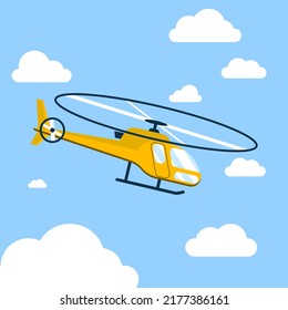 Yellow helicopter in the sky. Flat style vector illustration.