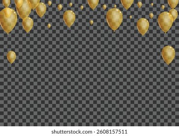 Yellow Helium Background Transparent Vector. Balloon Happy Illustration. Gold Birthday Surprise. Baloon Shiny Frame.