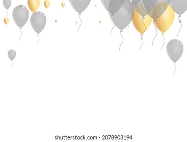 Vector blanco de fondo de helio amarillo. Plantilla de Baloon Streamers. Aire brillante dorado. Pancarta sorpresa feliz.