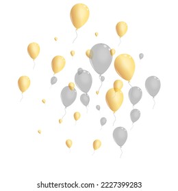 Vector blanco de fondo de helio amarillo. Marco de vacaciones de Ballon. Aire festivo plateado. Ilustración del Carnaval de Globos.