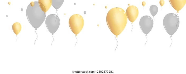 Yellow Helium Background White Vector. Surprise Sphere Design. Gray 3d Confetti. Air Festive Frame.