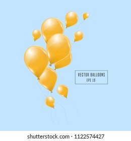 Yellow helium balloons isolated on blue background. Flying latex ballons. Vector illustration
