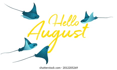 Yellow Hello August. Manta ray fishes, marine animals, sea creatures vector. Blue eagle ray fishes, mobula scube abstract vector. Eagle or devil fish couple, underwater stingray giant ocean animals.