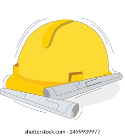 Yellow helmet with construction design paper on white background, for safety