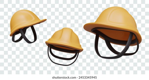 Yellow helmet of construction worker in different positions. Hard hat with peak and straps