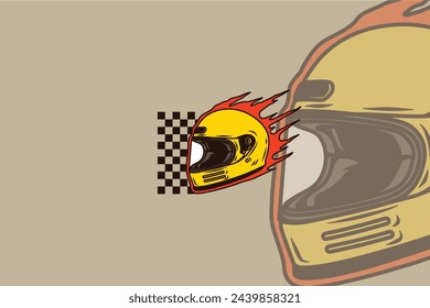 A yellow helmet with flames coming out of it. The helmet is on a checkered background