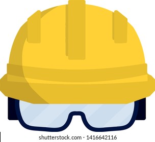 Yellow helmet worker. Safety glasses Builder. Repair and engineering works. Clothing for safety of production. Industrial object. Cartoon flat illustration