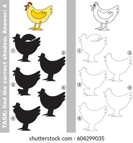Yellow Hen. with different shadows to find the correct one, compare and connect object with it true shadow, the educational kid game with simple gaming level.