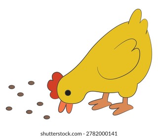 Yellow hen pecking at some feed or seeds