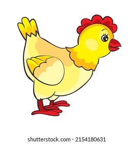 yellow hen with red comb, cartoon illustration, isolated object on white background, vector, eps
