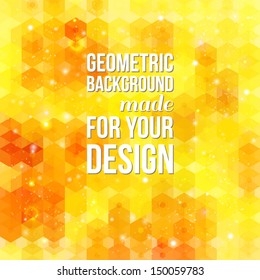 Yellow hexagon background. Text and particles can be easily removed. Vector image. 