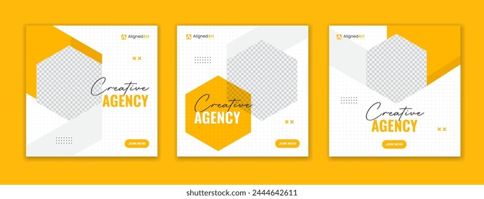 Yellow hexagon shape corporate social media post design, digital marketing agency square template set