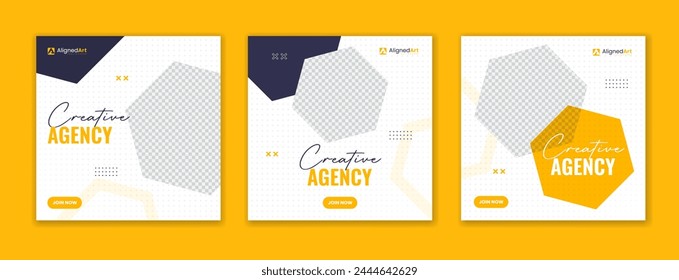 Yellow hexagon shape corporate social media post design, digital marketing agency square template layout