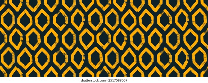 O hexágono amarelo forma um padrão sem emenda. Textura geométrica desenhada à mão com favo de mel grunge áspero. Padrão sem emenda da célula. Vetor abstrato fundo geométrico com hexágonos de ouro bruto.