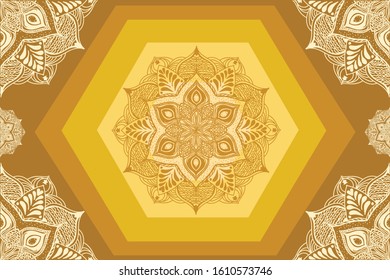 Yellow hexagonal mandala postcard design. Vector line art decorative ornament drawing