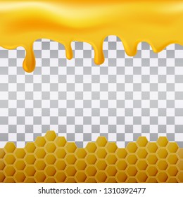 Yellow hexagonal realistic honeycomb seamless texture and flowing honey on transparent background.