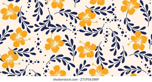 yellow hibiscus design pattern, blue leaf on white background. motif summer patterns for Hawaiian shirts. botanical motif floral hibiscus. beautiful fabric pattern hibiscus flowers, seamless print.