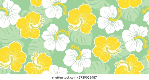 yellow hibiscus design pattern, leaf on green background. sweet hibiscus motif summer patterns for Hawaiian shirts. botanical motif, floral hibiscus. lovely beautiful pattern flowers, seamless print.