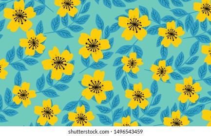 Yellow hibiscus floral pattern in green background 