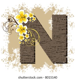 yellow hibiscus grunge vintage alphabet N (vector)