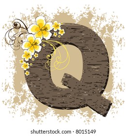 yellow hibiscus grunge vintage alphabet Q (vector)