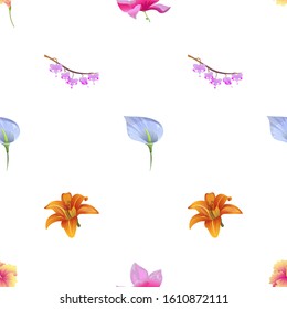 Yellow Hibiscus. Pink Magnolia. Blue Anthurium Tailflower. Purple Komakusa. Orange Daylily. Vector illustration. Seamless background pattern. Floral botanical flower. Wild leaf wildflower isolated.