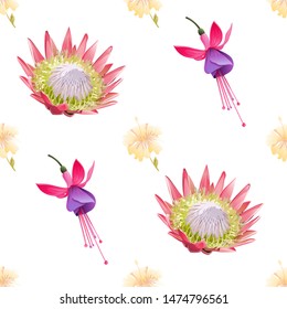 Yellow hibiscus. Pink and Purple Fuchsia Bella. Pink Protea. Vector illustration. Seamless background pattern. Floral botanical flower. Wild leaf wildflower isolated. Exotic tropical hawaiian.