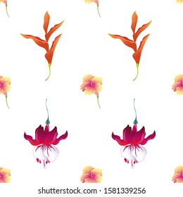 Yellow Hibiscus. Red Fuchsia. Orange Heliconia. Vector illustration. Seamless background pattern. Floral botanical flower. Wild leaf wildflower isolated. Exotic tropical hawaiian jungle. Fabric.
