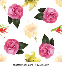 Yellow hibiscus. Red Heliconia Bihai. Yellow Lilium. Pink Balsam. Vector illustration. Seamless background pattern. Floral botanical flower. Wild leaf wildflower isolated. Exotic tropical hawaiian.