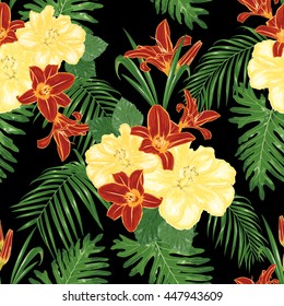 Yellow hibiscus, red lilies and tropical leaves on a dark background. Vector seamless pattern