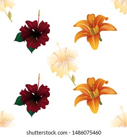 Yellow hibiscus. Red Rose Mallow. Orange Daylily. Vector illustration. Seamless background pattern. Floral botanical flower. Wild leaf wildflower isolated. Exotic tropical hawaiian jungle. Fabric.