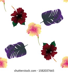 Yellow Hibiscus. Red Rose Mallow. Purple Banana Leaf. Vector illustration. Seamless background pattern. Floral botanical flower. Wild leaf wildflower isolated. Exotic tropical hawaiian jungle.