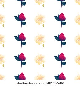 Yellow hibiscus. Red Vriesea. Vector illustration. Seamless background pattern. Floral botanical flower. Wild leaf wildflower isolated. Exotic tropical hawaiian jungle. Fabric wallpaper print texture.