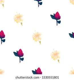 Yellow hibiscus. Red Vriesea. Vector illustration. Seamless background pattern. Floral botanical flower. Wild leaf wildflower isolated. Exotic tropical hawaiian jungle. Fabric wallpaper print texture.