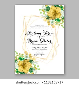 Yellow hibiscus Tropical Floral wedding invitation greeting card Wreath of flower for marriage baby shower bridal shower invitation, party celebration vector printable template watercolor background