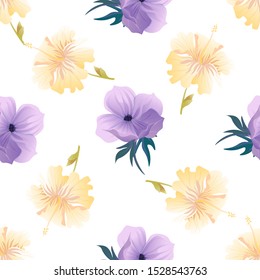 Yellow hibiscus. Violet Anemone. Vector illustration. Seamless background pattern. Floral botanical flower. Wild leaf wildflower isolated. Exotic tropical hawaiian jungle. Fabric wallpaper print.
