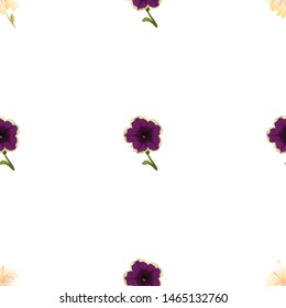 Yellow hibiscus. Violet Petunia. Vector illustration. Seamless background pattern. Floral botanical flower. Wild leaf wildflower isolated. Exotic tropical hawaiian jungle. Fabric wallpaper print.
