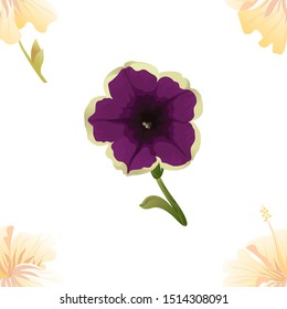 Yellow hibiscus. Violet Petunia. Vector illustration. Seamless background pattern. Floral botanical flower. Wild leaf wildflower isolated. Exotic tropical hawaiian jungle. Fabric wallpaper print.