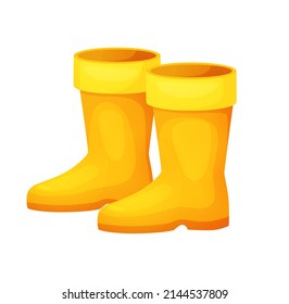 Gelbe, hochsaubere Gummistiefel. Gartenarbeit, Herbst. Flacher Stil. Einzeln auf weißem Hintergrund.
