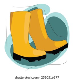 Yellow high clean rubber boots. Gardening, autumn.