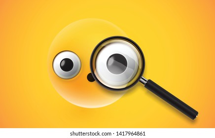 Yellow high detailed emoticon with a realistic magnifier, vector illustration