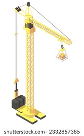 Yellow high lifting crane, construction equipment, industrial machine, hook, building business, engineering, development. Isolated on white background. Isometric vector illustration