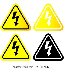 Amarelo Sinais de triângulo de alta tensão com relâmpago em 4 projetos, Cor e preto e branco isolado em um fundo branco