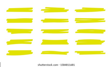 Yellow highlight line marker. Vector mark set of color pen stroke, abstract hand drawn brush underline pencil texture paint permanent design template