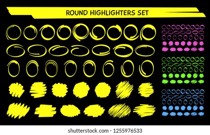 Yellow highlight marker circle frame set vector illustration. Group of hand drawn round frames and marker scribbles. Neon colors highlight blob brush marks for social media or office style design