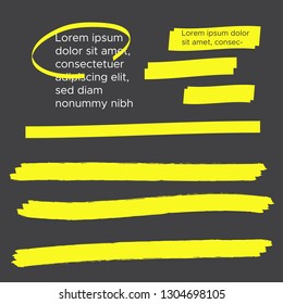 Yellow highlight marker lines. Brush pen underline. Yellow watercolor hand drawn highlight 