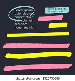 Yellow highlight marker lines. Brush pen underline. Yellow watercolor hand drawn highlight 