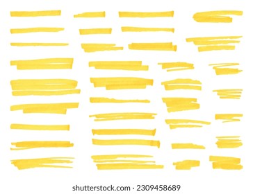 Yellow highlight marker lines, highlighters pen acid strokes. Underline brush or pen line for text, scribble permanent markers neoteric vector elements