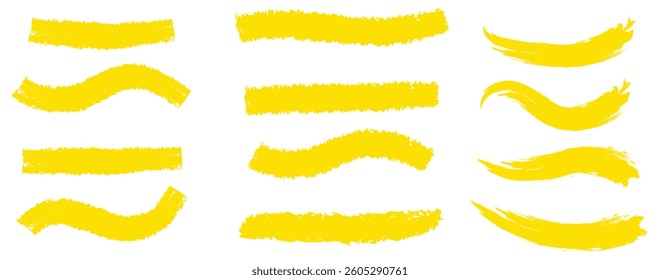 Yellow highlight marker lines, highlighters pen acid strokes. Underline brush or pen line for text, scribble permanent markers neoteric vector elements. Brush lines. Hand drawn marker strokes. Stripes