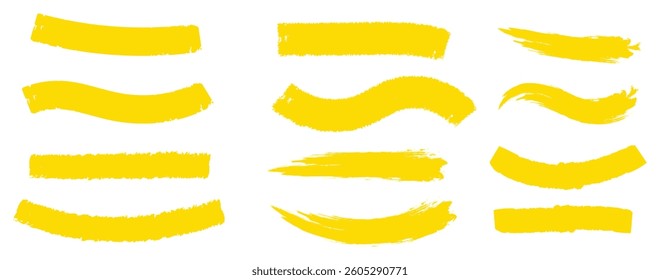 Yellow highlight marker lines, highlighters pen acid strokes. Underline brush or pen line for text, scribble permanent markers neoteric vector elements. Brush lines. Hand drawn marker strokes. Stripes